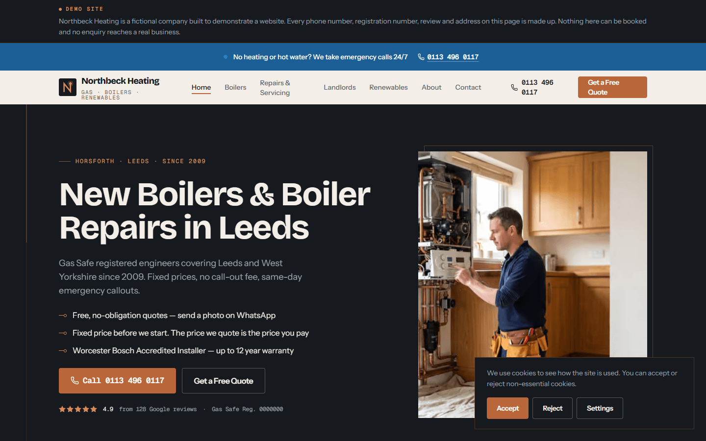 Heating and plumbing company website demo for the UK market