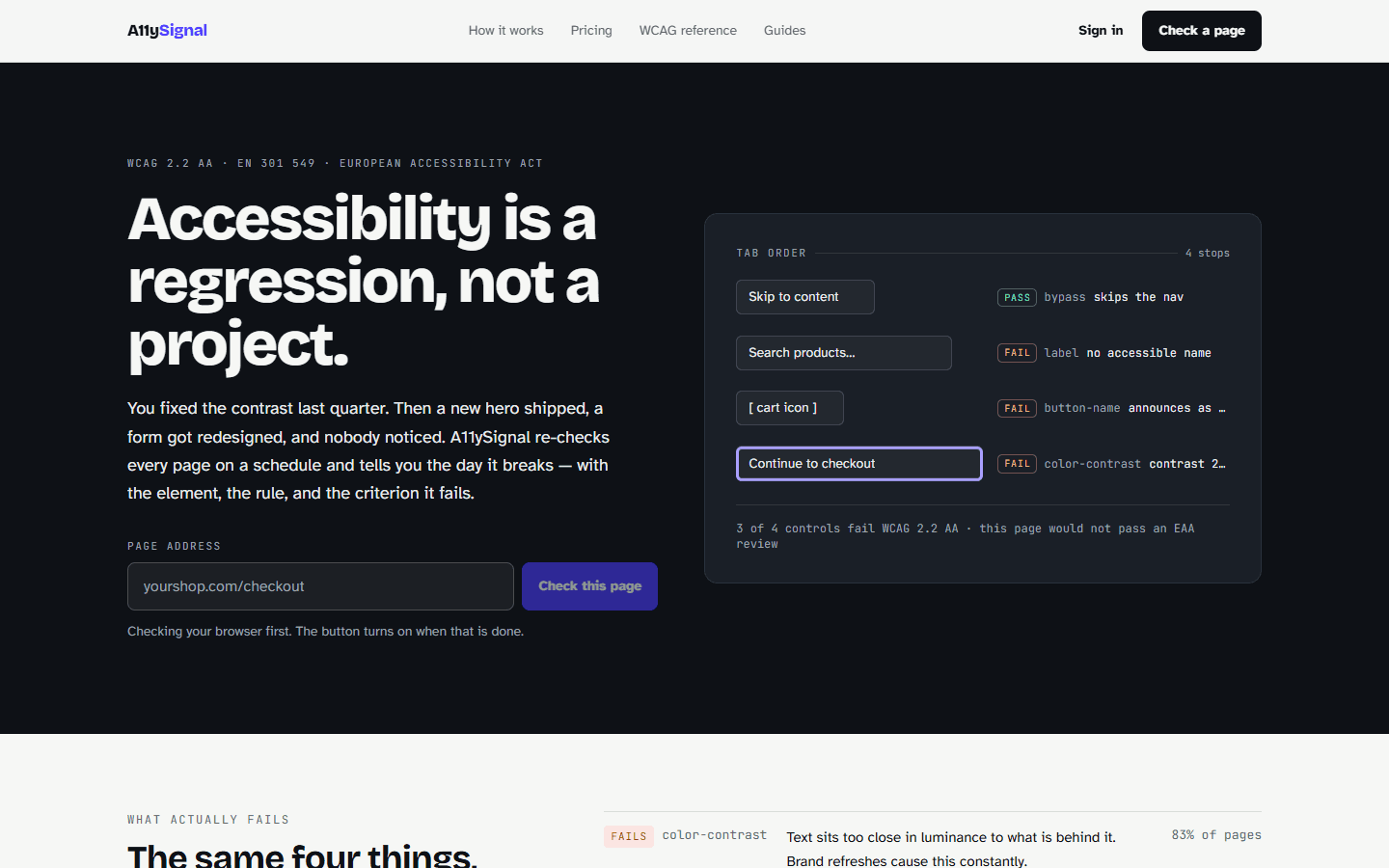 The A11ySignal accessibility monitoring homepage on desktop